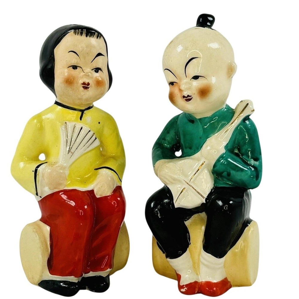 Vintage Asian Man Woman Ceramic Salt Pepper Shakers Set Mid-Century 60s Kitsch
